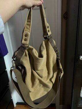 Source Unknown Tan Canvas Hobo Bag with Brown Accents